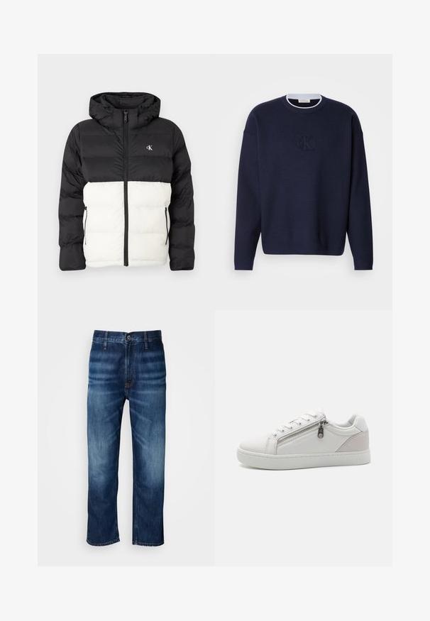 Crna i bijela podstavljena jakna s kapuljačom, s dvostrukim zatvaranjem na munju, dva bočna džepa na munju i logom na prsima. Teksturalni, topli dizajn.; Mornarskoplavi pleteni pulover s okruglim izrezom, rebrastim ovratnikom i suptilnim izvezenim "ck" logotipom sprijeda. Dugi rukavi, slobodan kroj.; Tamno plave traperice ravnog kroja s blagim izbljeđivanjem na bedrima i dugmetom za kopčanje na pojasu, prikazane na bijeloj pozadini.; Bijele tenisice od glatke kože, s kontrastnim bež nubuk detaljem na peti i zatvaračem sa strane.