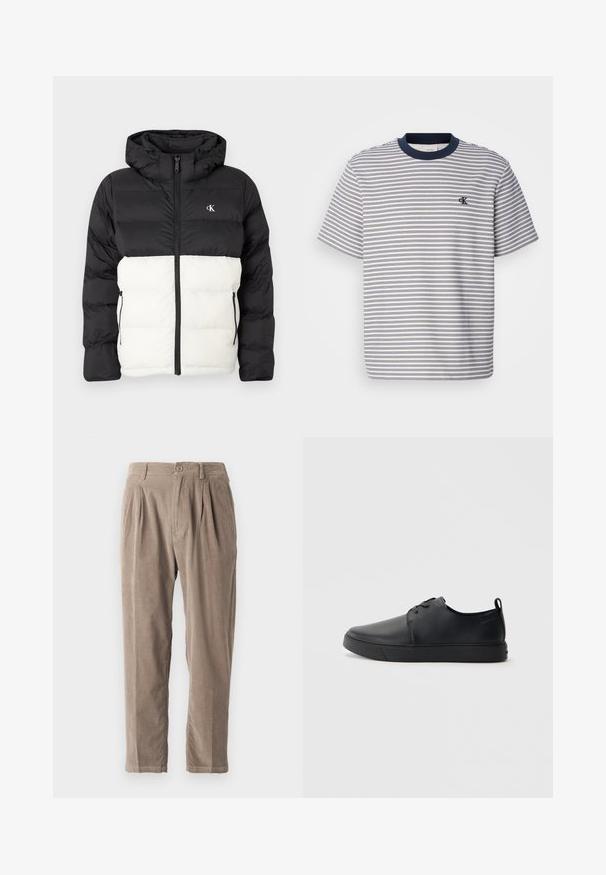 Veste matelassée noire et blanche avec capuche, dotée d'une fermeture éclair, de deux poches latérales zippées et d'un logo sur la poitrine. Design texturé et chaud.; T-shirt en coton rayé avec col et poignets bleu marine, présentant des rayures horizontales bleues et blanches ; petit logo brodé sur la poitrine.; Pantalon en velours côtelé beige avec une coupe décontractée, présentant des plis, une fermeture à bouton, des poches latérales, une surface texturée et un design de jambe fuselée.; Baskets en cuir noir avec une finition lisse, bout arrondi, coutures ton sur ton, devant à lacets et semelle plate en caoutchouc. Anse au talon.