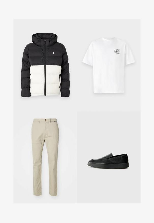 Μαύρο και άσπρο επενδυμένο μπουφάν με κουκούλα, με φερμουάρ, δύο πλευρικές τσέπες με φερμουάρ και λογότυπο στο στήθος. Υφασμάτινη, ζεστή σχεδίαση.; Λευκό βαμβακερό μπλουζάκι με κοντά μανίκια, στρογγυλή λαιμόκοψη, με μαύρο λογότυπο CK στην αριστερή πλευρά του στήθους, κανονική εφαρμογή, απαλό υλικό.; Μπεζ βαμβακερά παντελόνια με ίσια εφαρμογή, διαθέτουν κλείσιμο με κουμπί και μπροστινές τσέπες, λεία υφή και ελάχιστες λεπτομέρειες σχεδίασης.; Calvin Klein HYBRID CUP - Παπούτσια χωρίς κορδόνια - triple black