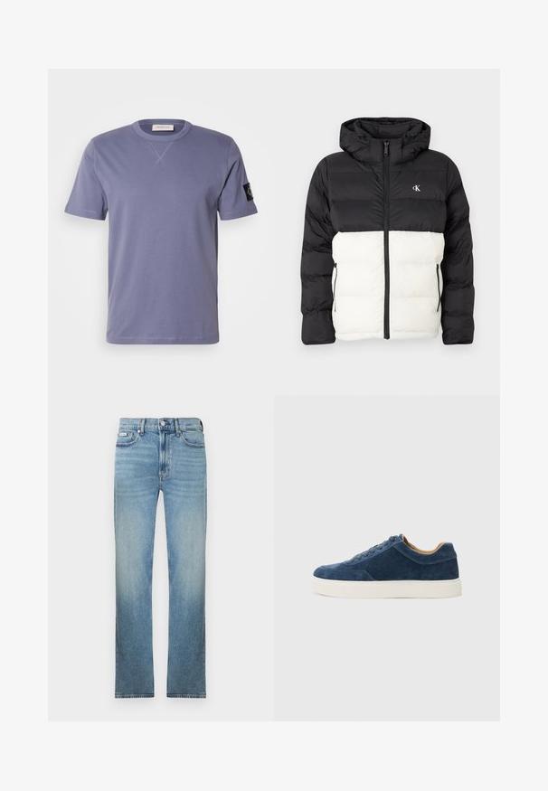 Casaco acolchoado em preto e branco com capuz, apresentando um fecho de correr, dois bolsos laterais com fecho de correr e um logótipo no peito. Design texturizado e quente.; T-shirt de manga curta, com decote redondo, em algodão lavanda, apresentando um pequeno logo preto na manga esquerda e costuras em contraste.; Jeans de ganga azul claro com corte de perna reta, design de cinco bolsos e acabamento desbotado. Apresenta fecho de botão e passantes para cinto.; Sapatilhas em camurça azul com sola de borracha branca, design de atacador, biqueira arredondada e interior em tom contrastante de bege. Detalhes de costura sutis.