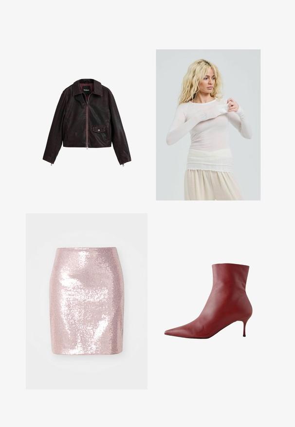 Svart och vinröd kort läderjacka med krage, framdragkedja och en bröstficka med tryckknappdetalj.; Långärmad, genomskinlig vit topp med en åtsittande stil. Lättviktig tyg med en mjuk textur. Modellen justerar ärmen, bärande krämfärgade byxor.; Rosa paljetterad minikjol med en åtsittande form, slät textur och skimrande yta som reflekterar ljus från flera vinklar.; Röd läderankelboot med spetsig tå, åtsittande ovandel och smal klack. Slät textur, elegant design och högkontrast svart sula.