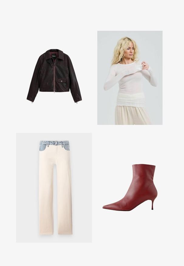 Chaqueta de cuero corta en negro y burdeos con cuello, cremallera frontal y un bolsillo en el pecho con detalle de botón a presión.; Top blanco transparente de manga larga con un estilo ajustado. Tela ligera con una textura suave. La modelo ajusta la manga, vistiendo pantalones color crema.; Jeans rectos de un tono beige claro con una cintura de mezclilla azul claro y detalles en los bolsillos, hechos de algodón con una textura suave.; Bota de piel roja hasta el tobillo con punta afilada, parte superior ajustada y tacón delgado. Textura suave, diseño elegante y suela negra de alto contraste.