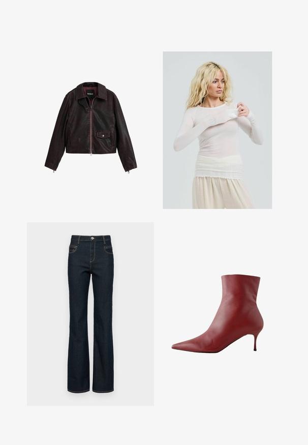 Zwarte en bordeauxkleurige cropped leren jas met een kraag, een voormezip en een borstzak met een drukknoopdetail.; Langermige, doorschijnende witte top met een getailleerde stijl. Lichte stof met een zachte textuur. Model past de mouw aan en draagt een crèmekleurige broek.; Donker spijkerstof flared jeans met hoge taille, voorzien van een knoopsluiting aan de voorkant, vijf zakken en contrasterende gele stiksels langs de naden.; Rode leren enkellaars met een puntige neus, strakke bovenkant en een slanke hak. Glad textuur, stijlvolle ontwerp en een hoogcontrast zwarte zool.