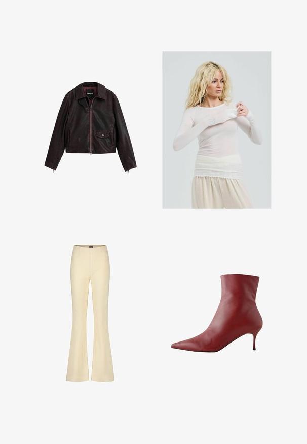 Zwarte en bordeauxkleurige cropped leren jas met een kraag, een voormezip en een borstzak met een drukknoopdetail.; Langermige, doorschijnende witte top met een getailleerde stijl. Lichte stof met een zachte textuur. Model past de mouw aan en draagt een crèmekleurige broek.; Beige flared broek met een gestructureerd streeppatroon, hoge taille, ritsgulp en voorkruiken. Zacht materiaal met een gladde afwerking.; Rode leren enkellaars met een puntige neus, strakke bovenkant en een slanke hak. Glad textuur, stijlvolle ontwerp en een hoogcontrast zwarte zool.