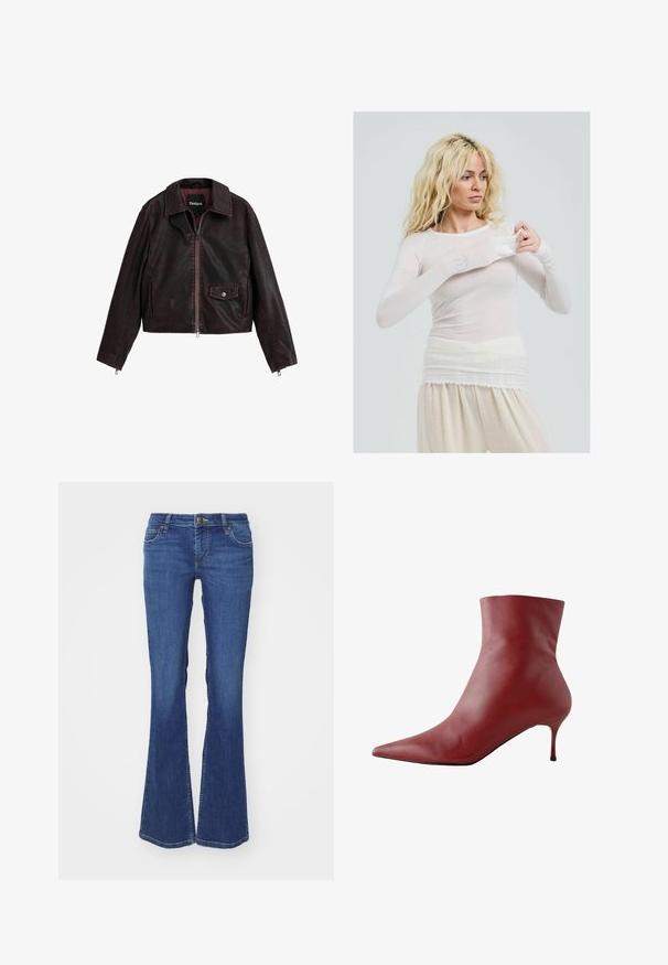 Fekete és bordó rövid bőrkabát, gallérral, elöl cipzárral és mellzsebbel, amely patentos részlettel rendelkezik.; Hosszú ujjú, áttetsző fehér blouse, amely illeszkedő stílusú. Könnyű anyag, sima tapintású. A modellen a hüvely igazítása látható, krém színű nadrágot visel.; Kék farmerkabát, laza szárú, normál derékú, kontrasztos varrással és öt zsebes kialakítással. Simább textúra, klasszikus szabás.; Piros bőr bokacsizma hegyes orral, szűk felsőrésszel és karcsú sarokkal. Simább textúra, elegáns dizájn és erős kontrasztú fekete talp.