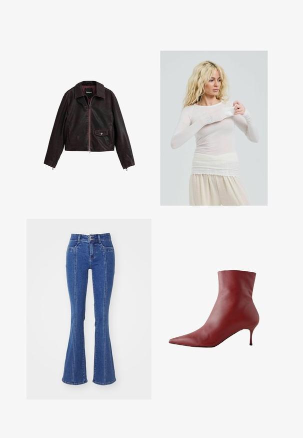 Svart och vinröd kort läderjacka med krage, framdragkedja och en bröstficka med tryckknappdetalj.; Långärmad, genomskinlig vit topp med en åtsittande stil. Lättviktig tyg med en mjuk textur. Modellen justerar ärmen, bärande krämfärgade byxor.; Högmidjade utsvängda denimjeans, ljusblå, med tvåknappslås, femfickorsdesign och kontrasterande sömmar på sidan.; Röd läderankelboot med spetsig tå, åtsittande ovandel och smal klack. Slät textur, elegant design och högkontrast svart sula.