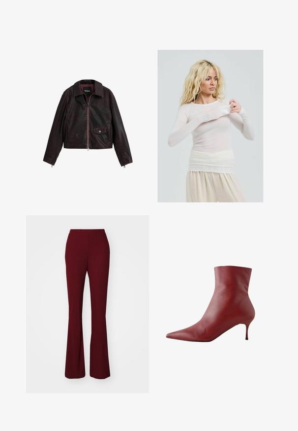 Jachetă din piele neagră și burgundy, scurtă, cu guler, fermoar frontal și un buzunar pe piept cu detaliu de nasture cu prindere.; Top alb transparent cu mânecă lungă, cu un stil ajustat. Material ușor, cu o textură netedă. Modelul își ajustează mâneca, purtând pantaloni crem.; Pantaloni burgundy cu rimă, cu o talie elastică. Prezintă o textură netedă și o siluetă ajustată, extinzându-se până la un tiv evazat.; Botină roșie din piele, cu vârful ascuțit, partea superioară ajustată și toc subțire. Textură netedă, design elegant și talpă neagră cu un contrast puternic.
