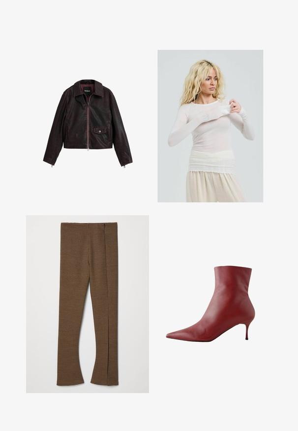 Schwarze und burgunderfarbene cropped Lederjacke mit Kragen, Frontreißverschluss und einer Brusttasche mit Druckknopfdetail.; Langärmliges, transparentes weißes Oberteil mit taillierter Passform. Leichter Stoff mit glatter Textur. Das Model passt den Ärmel an und trägt cremefarbene Hosen.; Braune karierte Schlaghosen aus strukturiertem Stoff, mit hohem Taillenbund und einem Reißverschluss an der Seite.; Rote Leder-Ankle-Boots mit spitzer Zehe, schmalem Schaft und schlankem Absatz. Glatte Textur, elegantes Design und hochkontrastierende schwarze Sohle.