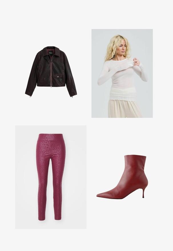 Juodas ir bordo spalvos trumpas odinis švarkas su apykakle, priekiniais užtrauktukais ir krūtinės kišene su užsegimu.; Ilgomis rankovėmis, permatomas baltas viršus, prigludusio stiliaus. Lengvas audinys su lygiu paviršiumi. Modelis koreguoja rankovę, vilkėdamas kreminės spalvos kelnes.; Fitnesui skirti leggingai bordo spalvos su tekstūruotu leopardų raštu, turintys aukštą juosmenį ir lygų paviršių.; Raudonos odinės kulkšninių botų su smailiu priekiniu galiuku, prigludusiu viršumi ir siauru kulnu. Lygi tekstūra, elegantiškas dizainas ir kontrastinga juoda pada.