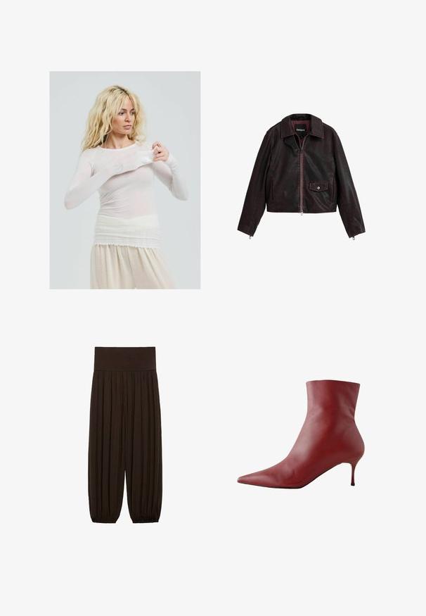 Černá a burgundská zkrácená kožená bunda s límcem, předním zipem a náprsní kapsou se zapínáním na patentku.; Dlouhý rukáv, průhledný bílý top s přiléhavým střihem. Lehká látka s hladkým povrchem. Modelka si upravuje rukáv a má na sobě krémové kalhoty.; Hnědé plisované kalhoty se širokým elastickým pasem. Materiál je lehký a strukturovaný, s nařasenými lemy na manžetách.; Červená kožená kotníková bota s špičatou špičkou, přiléhavým svrškem a štíhlým podpatkem. Hladká textura, elegantní design a vysoce kontrastní černá podrážka.