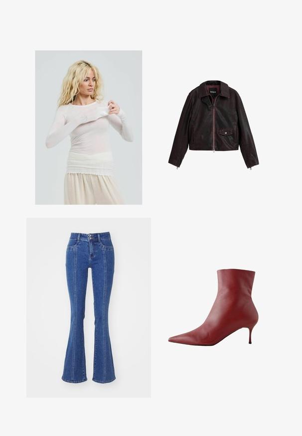 Juodas ir bordo spalvos trumpas odinis švarkas su apykakle, priekiniais užtrauktukais ir krūtinės kišene su užsegimu.; Ilgomis rankovėmis, permatomas baltas viršus, prigludusio stiliaus. Lengvas audinys su lygiu paviršiumi. Modelis koreguoja rankovę, vilkėdamas kreminės spalvos kelnes.; Aukštai parišti platėjantys džinsai, šviesiai mėlyni, su dviejų mygtukų uždarymu, penkių kišenių dizainu ir kontrastinėmis šoninėmis siūlėmis.; Raudonos odinės kulkšninių botų su smailiu priekiniu galiuku, prigludusiu viršumi ir siauru kulnu. Lygi tekstūra, elegantiškas dizainas ir kontrastinga juoda pada.