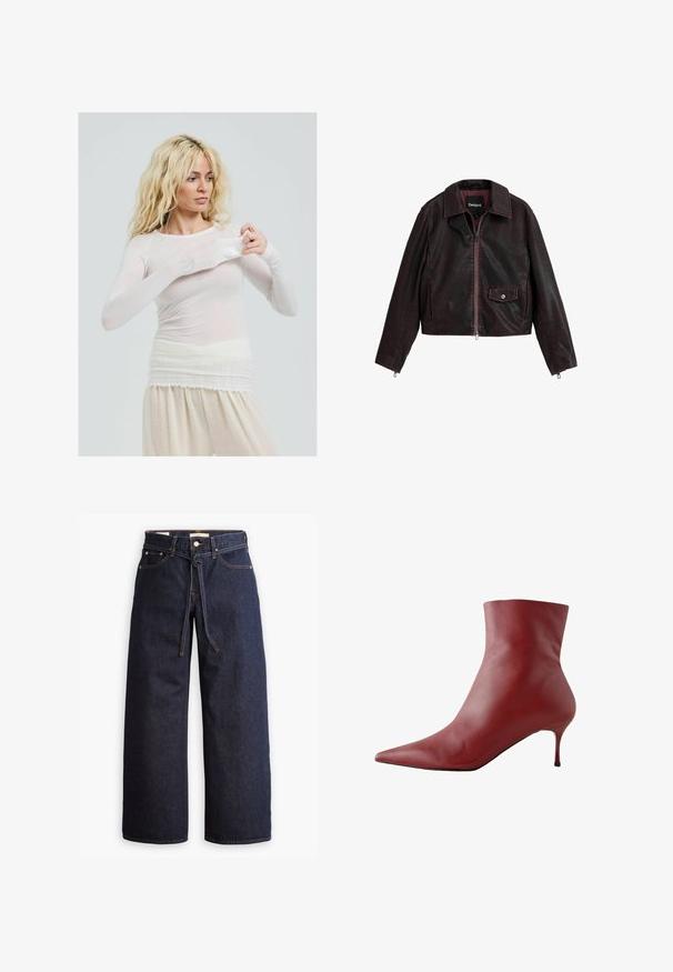 Fekete és bordó rövid bőrkabát, gallérral, elöl cipzárral és mellzsebbel, amely patentos részlettel rendelkezik.; Hosszú ujjú, áttetsző fehér blouse, amely illeszkedő stílusú. Könnyű anyag, sima tapintású. A modellen a hüvely igazítása látható, krém színű nadrágot visel.; Széles lábú, sötétkék farmernadrág magas derékkal, húzózsinórral, öt zsebbel és kontrasztos varrással.; Piros bőr bokacsizma hegyes orral, szűk felsőrésszel és karcsú sarokkal. Simább textúra, elegáns dizájn és erős kontrasztú fekete talp.