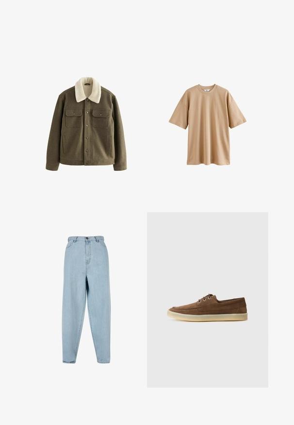 Brūns vilnas maisījuma žakets ar krēma krāsas mākslīgo šērlingu apkakli, pogu aizdari un divām krūšu kabatām, ar teksturētu audumu.; Kreklus piedurkņu bēšs T-krekls, izgatavots no kokvilnas, ar apaļu kakla izgriezumu un brīvu piegriezumu, ar gludu tekstūru un bez rakstiem vai akcentiem.; Gaiši zili augsta jostasvieta džinsi ar brīvu piegriezumu. Iespējas ar priekšējo pogu, rāvējslēdzēju un piecu kabatu dizainu. Nedaudz izbalējusi auduma tekstūra.; Brūni zamša apavi ar zemu profilu, auklētu dizainu, gumijas zoli un kontrastējošiem šuvumiem. Vienkāršs un funkcionāls stils.