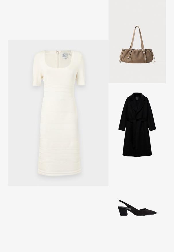 Czarny płaszcz z mieszanki wełny z klapami, długimi rękawami i dopasowanym paskiem w talii. Charakteryzuje się minimalistycznym designem i gładką teksturą.; Biała sukienka z dzianiny o żeberkowej fakturze, z kwadratowym dekoltem i krótkimi rękawami; posiada poziome wzory strukturalne oraz zamek błyskawiczny z tyłu.; Czarne zamszowe szpilki z odkrytą piętą, o spiczastym nosku i średnim geometrycznym słupku. Gładka tekstura i minimalystyczny design.; Brązowa torebka z zamszu z górnym marszczeniem, z akcentami srebrnego sprzętu i dwoma paskami na ramię. Charakteryzuje się prostokątnym kształtem i minimalistycznym designem.