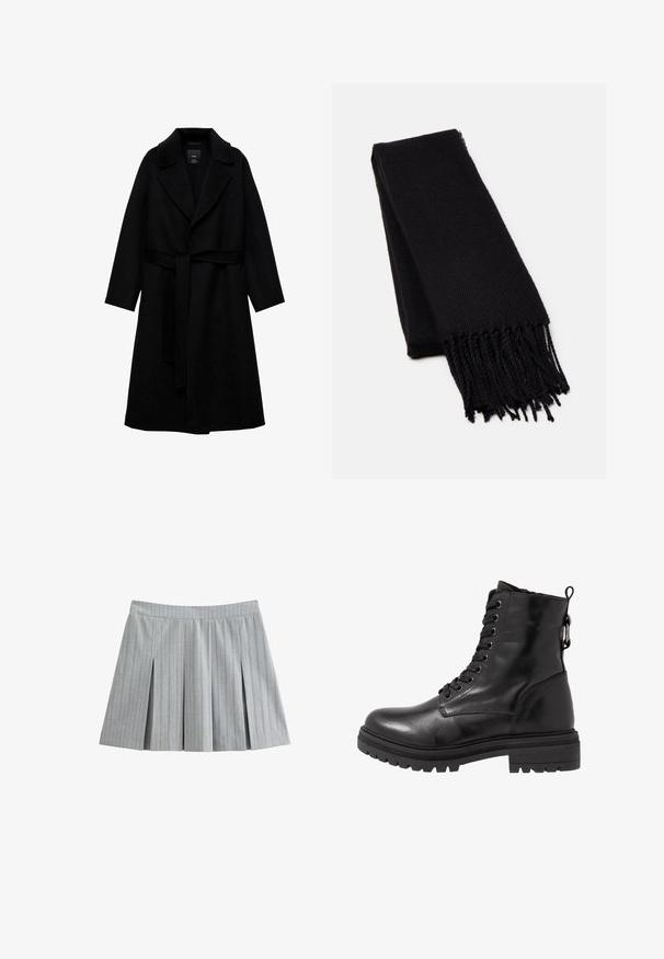 Zwarte wollen mix jas met een gekartelde kraag, lange mouwen en een bijpassende riem in de taille. Heeft een minimalistisch ontwerp en een gladde textuur.; Zwarte coltrui gemaakt van zachte bre knit stof. Kenmerken zijn lange mouwen en een getailleerd ontwerp met een rechte zoom.; Grijze geplooide rok in een lichtgewicht stof met verticale streepjes. Beschikt over een nauwsluitende tailleband en verticale plooien voor extra beweging.; Zwarte leren enkelboot met ronde neus, vetersluiting aan de voorkant en een getextureerde rubberen zool. Hij heeft een lus aan de achterkant en versterkte stiksels.; Zwarte sjaal van een zacht, textuurstof. Heeft een rafelige rand en een rechthoekige vorm, geschikt om om de nek te draperen.