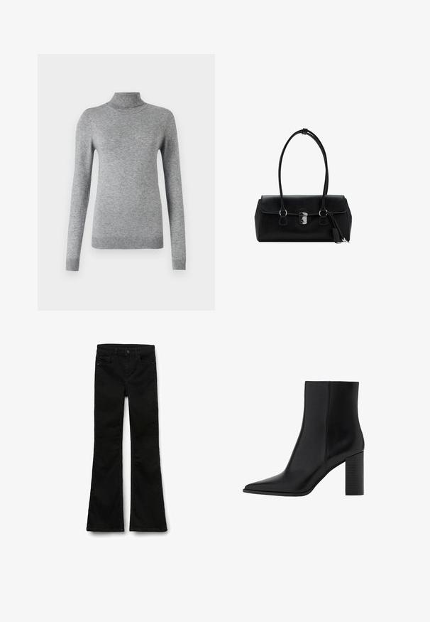 Schwarzer Wollmischmantel mit Reverskragen, langen Ärmeln und einem passenden Gürtel in der Taille. Verfügt über ein minimalistisches Design und eine glatte Textur.; Grauer Rollkragenpullover aus weichem Material, mit langen Ärmeln, gerippten Bündchen und einer figurnahen Passform mit glatter Textur.; Schwarze Schlagjeans aus Denim mit glatter Textur, ausgestattet mit einem Bund mit Knopfverschluss und normalen Taschen.; Schwarze Leder-Ankle Boots mit spitzem Zehenbereich, quadratischem Absatz, glatter Textur und Nähten entlang der Nähte. Die Absätze messen ungefähr 8,9 cm.; Schwarze Lederhandtasche mit glatter Textur, strukturiertem Design, doppelten Griffen und einem silbernen Verschlussdetail in der Mitte.