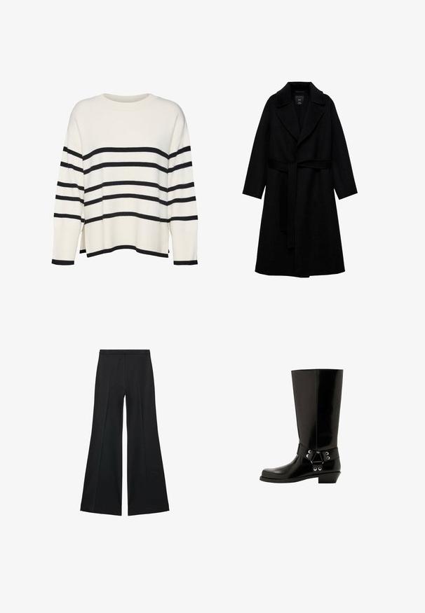 Black wool blend coat with a notched collar, long sleeves, and a matching belt at the waist. Features a minimalist design and smooth texture.; White knit sweater with black horizontal stripes, ribbed cuffs and hem, relaxed fit, crew neckline, and side slits at the waist.; Black wide-leg pants with a smooth texture, featuring front pleats and a tailored design. The fabric is lightweight and flowy.; Knee-high black rubber boot with a glossy finish, featuring a decorative strap and metal hardware accents. Low, slightly angled heel.