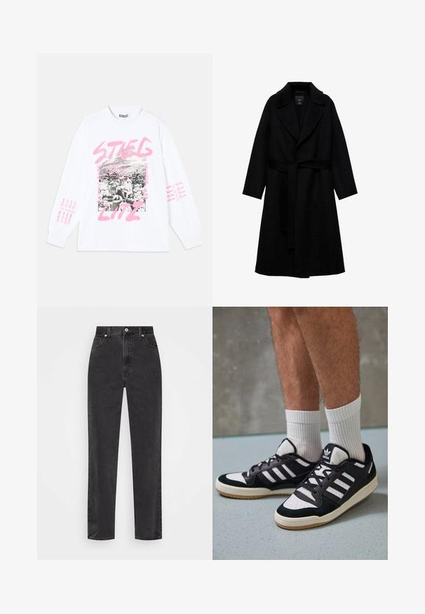 Schwarzer Wollmischmantel mit Reverskragen, langen Ärmeln und einem passenden Gürtel in der Taille. Verfügt über ein minimalistisches Design und eine glatte Textur.; Weißes Langarm-T-Shirt mit grafischem Druck, der schwarz-weiße Bilder und pinken Text zeigt, einschließlich "STIEGLITZ" und sich wiederholenden Phrasen auf den Ärmeln.; Schwarze Denim-Jeans mit geradem Bein, hoher Taille, vorderem Knopf und Reißverschluss sowie fünf Taschen auf weißem Hintergrund.; Schwarz-weiße Sneaker mit einem Obermaterial aus Wildleder und Leder, ausgestattet mit drei weißen Streifen, einer perforierten Zehenpartie und einer Sohle aus Gummi.