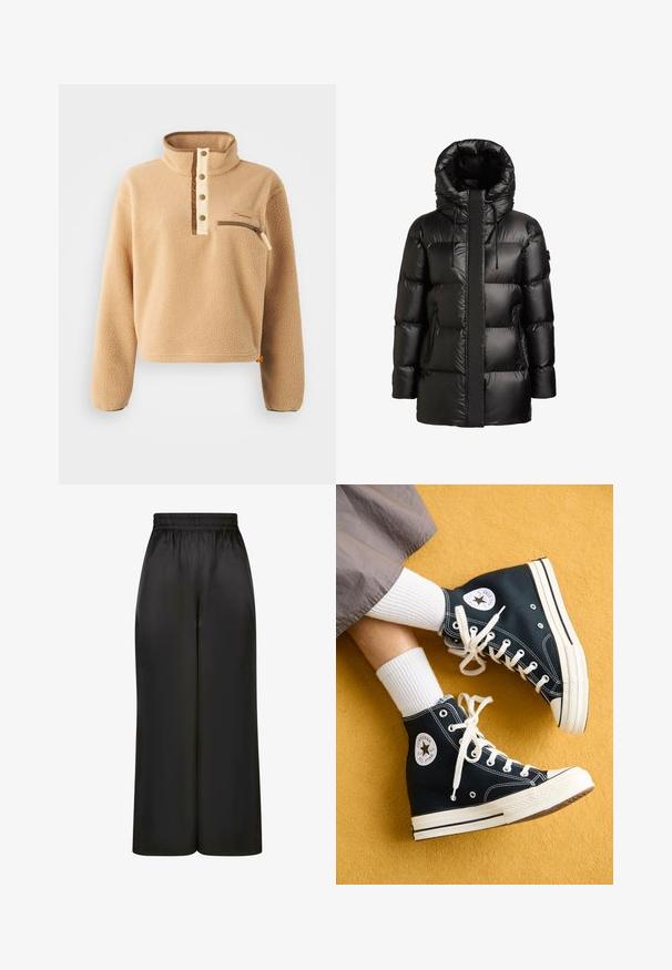 Fekete pufikabát magas gallérral és kapucnival. Fényes felülettel, varrott panelezéssel és két cipzáras oldalzsebbel rendelkezik.; Beige színű gyapjú pulóver magas gallérral, félig gombos záródással és bal oldali mellzseb zippel. Texturált anyag barna díszítéssel.; Fekete, bő szárú nadrág, sima, fényes anyagból, rugalmas derékrésszel, látható zsebek vagy fém részletek nélkül.; Fekete magas szárú vászon sportcipő, fehér fűzőkkel és gumitalppal, a külső oldalán egy kerek Converse All Star logóval.