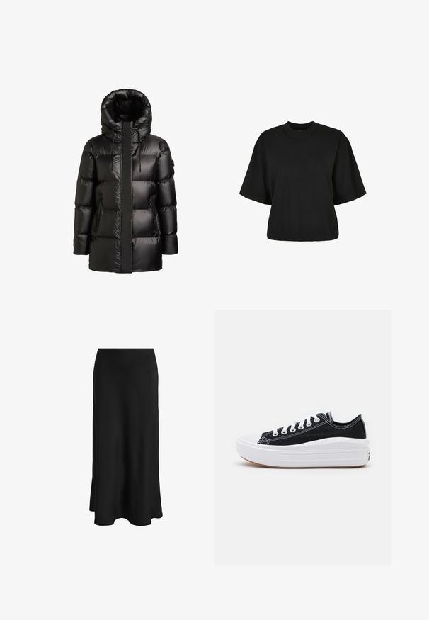 Sort dunjakke med høj krave og hætte. Har en blank finish, syninger i paneler og to lynlåslommer i siderne.; Sort cropped t-shirt lavet af bomuld. Har korte ærmer og rund halsudskæring. Glat tekstur med et enkelt design, ingen ekstra mønstre.; Sort nederdel lavet af glat stof; har en tætsiddende talje og en udflydende kant, hvilket skaber en slank, lige silhuet uden synlige lukkemekanismer.; Sorte kanvas sneakers med hvide snørebånd, hvid gummitåhætte og en kraftig hvid mellemsål. Har diskret hvid syning og en gummisål.