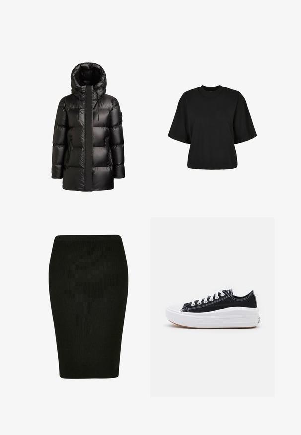 Juoda pūkinė striukė su aukštu apykakle ir gaubtu. Turi blizgią apdailą, siuvinėtus skydelius ir dvi šonines kišenes su užtrauktukais.; Juoda trumpa medvilninė palaidinė. Su trumpomis rankovėmis ir apvaliu iškirpimu. Lygus paviršius su paprastu dizainu, be papildomų raštų.; Juodas juostuotas pieštukų sijonas su prigludusiu dizainu. Savybės: aukštas liemuo ir tekstūruota medžiaga, užtikrinanti sklandžią siluetą.; Juodi drobės sportbačiai su baltais raišteliais, balta guma ant pirštų ir masyvi balta vidurine dalimi. Yra subtilių baltų siūlių ir guminis padas.