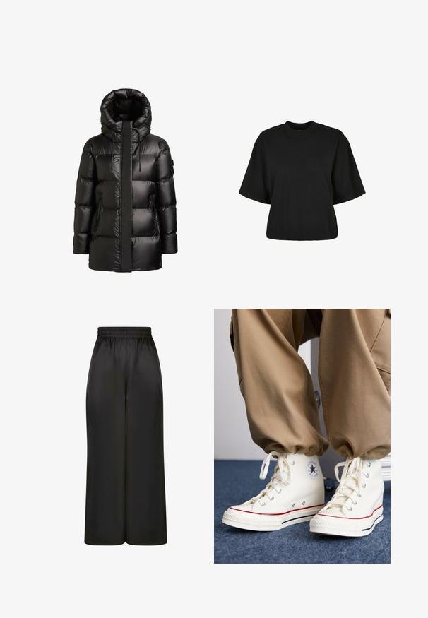 Musta toppatakki, jossa korkea kaulus ja huppu. Siinä on kiiltävä pinta, ommellut paneelit ja kaksi vetoketjullista sivutaskua.; Mustat lyhyet hihattomat t-paidat, valmistettu puuvillasta. Siinä on lyhyt hihat ja pyöreä pääntie. Sileä rakenne yksinkertaisella muotoilulla, ilman ylimääräisiä kuvioita.; Mustat, leveät housut, jotka on valmistettu sileästä, kiiltävästä kankaasta, jossa on joustava vyötärö ja ei näkyviä taskuja tai metalliosia.; Valkoiset korkeavartiset tennarit, jotka on valmistettu kankaasta ja joissa on kumipohja. Niissä on musta tähti-logo sekä punaiset ja tummansiniset raitakorostukset.