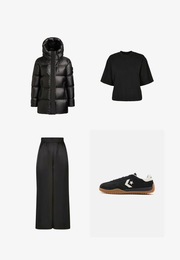 Svart vadderad jacka med hög krage och huva. Har en blank yta, sömmar i paneler och två fickor med dragkedja på sidorna.; Svart cropped t-shirt i bomull. Har korta ärmar och rund halsringning. Slät yta med en enkel design, utan ytterligare mönster.; Svarta vida byxor i slät, glänsande tyg med resårmidja och utan synliga fickor eller hårdvarudetaljer.; Svarta mockaskor med en vit läderhalk och logotyp, med en strukturerad gummisula och platt snörningsdesign.