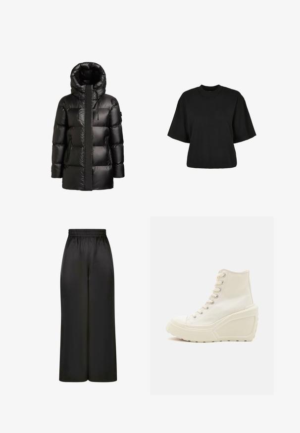 Geacă matlasată neagră cu guler înalt și glugă. Prezintă un finisaj lucios, aspect cu panouri cusute și două buzunare laterale cu fermoar.; Tricou scurt, negru, din bumbac. Are mâneci scurte și un decolteu rotund. Textură netedă cu un design simplu, fără modele adiționale.; Pantaloni negri cu picioare largi, fabricați dintr-un material neted și lucios, cu un elastic la talie și fără buzunare vizibile sau detalii metalice.; Adidași înalți din pânză albă, cu talpă cu wedge, având ochiuri metalice, vârf rotund și talpă exterioară din cauciuc texturat.