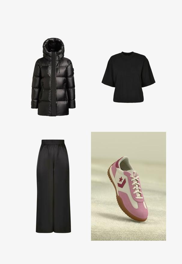Geacă matlasată neagră cu guler înalt și glugă. Prezintă un finisaj lucios, aspect cu panouri cusute și două buzunare laterale cu fermoar.; Tricou scurt, negru, din bumbac. Are mâneci scurte și un decolteu rotund. Textură netedă cu un design simplu, fără modele adiționale.; Pantaloni negri cu picioare largi, fabricați dintr-un material neted și lucios, cu un elastic la talie și fără buzunare vizibile sau detalii metalice.; Sneaker roz și alb cu talpă din cauciuc texturată. Prezintă un logo în formă de stea și accente contrastante. Partea superioară netedă cu detalii de șiret.