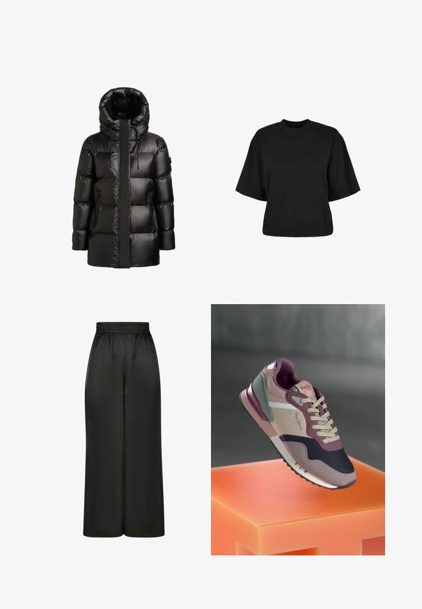 Černý prošívaný kabát s vysokým límcem a kapucí. Má lesklý povrch, prošité panely a dvě kapsy na bocích se zipem.; Černé zkrácené tričko vyrobené z bavlny. Má krátké rukávy a kulatý výstřih. Hladký povrch s jednoduchým designem, bez dalších vzorů.; Černé široké kalhoty vyrobené z hladké, lesklé látky, s elastickým pasem bez viditelných kapes nebo kovových detailů.; Tenisky s kombinací odstínů mauve, růžové a námořnické modři; látkové a kožené materiály; vrstvený design; výrazné logo a texturované akcenty.