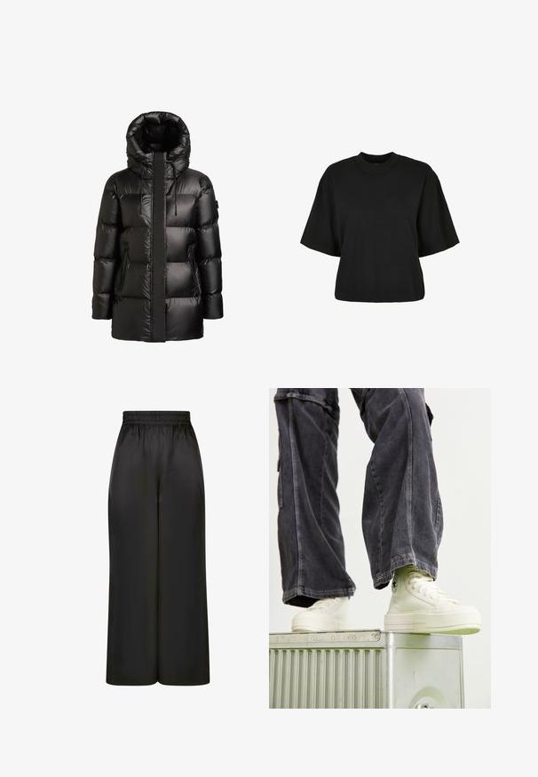 Crna prozračna jakna s visokim ovratnikom i kapuljačom. Ima sjajni završetak, prošivene panele i dva bočna džepa sa zatvaračima.; Crna skraćena majica od pamuka. Ima kratke rukave i okrugli izrez. Glatka tekstura s jednostavnim dizajnom, bez dodatnih uzoraka.; Crne široke hlače napravljene od glatkog, sjajnog materijala s elastičnim pojasom i bez vidljivih džepova ili metalnih detalja.; Visoke tenisice od off-white platna s gumenim potplatima, s detaljnim šavovima i kružnom logotipom, uparene s tamno sivim širokim cargo hlačama.