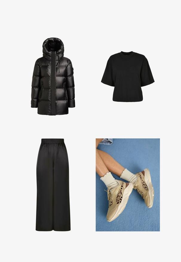 Čierna prešívaná bunda s vysokým golierom a kapucňou. Má lesklý povrch, prešívané panely a dve bočné vrecká na zips.; Čierne skrátené tričko z bavlny. Disponuje krátkymi rukávmi a okrúhlym výstrihom. Hladká textúra s jednoduchým dizajnom, bez ďalších vzorov.; Čierne široké nohavice vyrobené z hladkého, lesklého materiálu s elastickým pásom a bez viditeľných vreciek či kovových detailov.; Nohy preložené, obuté v béžových teniskách Puma s leopardím pruhovaním a volánkovými krémovými ponožkami na modrom koberci.