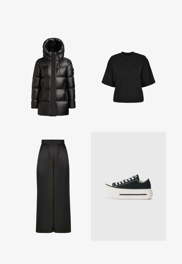 Fekete pufikabát magas gallérral és kapucnival. Fényes felülettel, varrott panelezéssel és két cipzáras oldalzsebbel rendelkezik.; Fekete, rövid ujjú, pamut crop póló. Kerek nyakkivágással rendelkezik. Simára készült textúrája van, egyszerű dizájn, nincs rajta további minta.; Fekete, bő szárú nadrág, sima, fényes anyagból, rugalmas derékrésszel, látható zsebek vagy fém részletek nélkül.; Fekete vászon tornacipők fehér gumitalppal, vastag platformmal, fehér fűzőkkel és kontrasztos varrással az illesztéseknél.