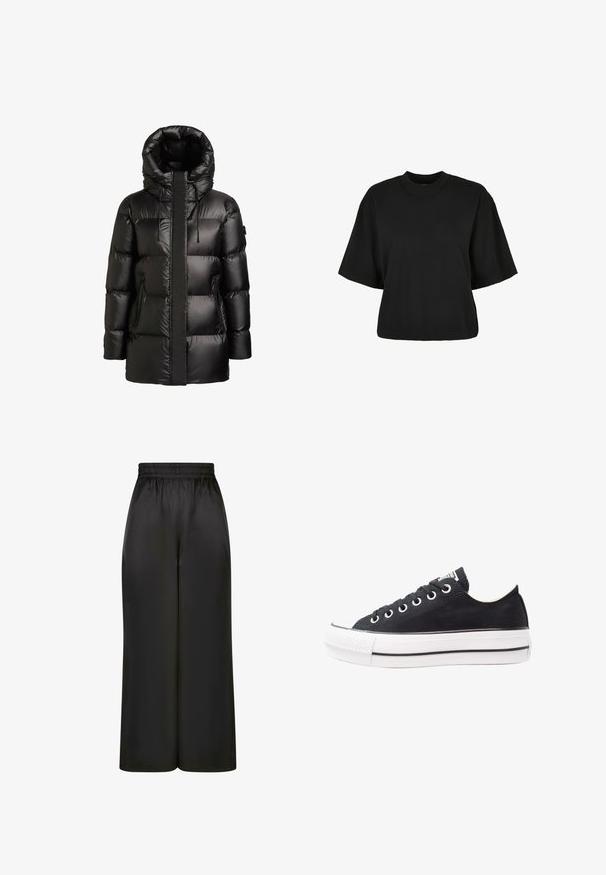 Giacca imbottita nera con collo alto e cappuccio. Presenta una finitura lucida, pannellature cucite e due tasche laterali con zip.; Maglietta nera cropped realizzata in cotone. Presenta maniche corte e un collo rotondo. Tessuto liscio con un design semplice, senza ulteriori motivi.; Pantaloni neri a gamba larga realizzati in un tessuto liscio e lucido, con una vita elastica e senza tasche visibili o dettagli in metallo.; Sneaker nera in tela con suola in gomma bianca, punta tonda, design a bassa altezza, occhielli metallici e punta testurizzata. Sottile striscia nera lungo la suola.