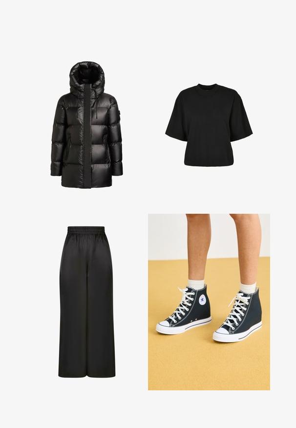 Černý prošívaný kabát s vysokým límcem a kapucí. Má lesklý povrch, prošité panely a dvě kapsy na bocích se zipem.; Černé zkrácené tričko vyrobené z bavlny. Má krátké rukávy a kulatý výstřih. Hladký povrch s jednoduchým designem, bez dalších vzorů.; Černé široké kalhoty vyrobené z hladké, lesklé látky, s elastickým pasem bez viditelných kapes nebo kovových detailů.; Tenisky typu high-top v tmavě modré plátně s bílými gumovými podrážkami, tkaničkami a akcenty. Disponují kruhovým logem a bílými švy.