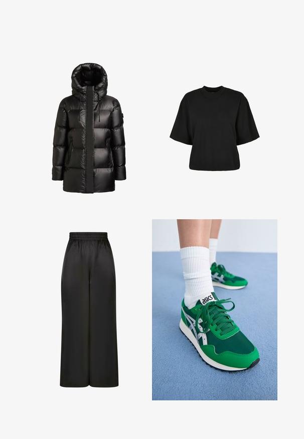 Crna prozračna jakna s visokim ovratnikom i kapuljačom. Ima sjajni završetak, prošivene panele i dva bočna džepa sa zatvaračima.; Crna skraćena majica od pamuka. Ima kratke rukave i okrugli izrez. Glatka tekstura s jednostavnim dizajnom, bez dodatnih uzoraka.; Crne široke hlače napravljene od glatkog, sjajnog materijala s elastičnim pojasom i bez vidljivih džepova ili metalnih detalja.; Zeleni mrežasti i sintetički tenisici s bijelim detaljima i crnom gumenom podešom. Imaju vezice, podstavljeni ovratnik i ASICS logo na jeziku.