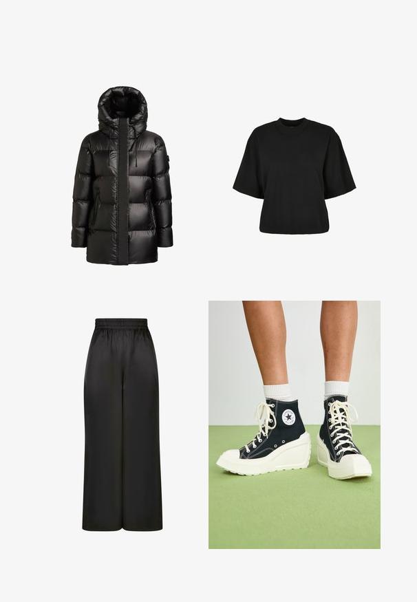 Doudoune noire avec un col montant et une capuche. Présente une finition brillante, des panneaux cousus et deux poches latérales zippées.; T-shirt noir court en coton. Doté de manches courtes et d'un col rond. Texture lisse avec un design simple, sans motifs supplémentaires.; Pantalons larges noirs en tissu lisse et brillant, avec une taille élastique et sans poches ni détails en métal visibles.; Baskets montantes noires avec une semelle plateforme blanche surélevée, dotées de lacets blancs et d'un logo arrondi sur le côté. Matériau en toile texturée.