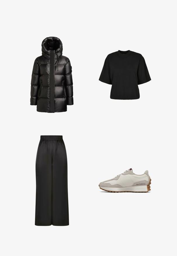 Črni puhov plašč z visokim ovratnikom in kapuco. Ima sijoč zaključek, šivat paneli in dva žepa z zadrgo na straneh.; Črna kratka majica iz bombaža. Ima kratke roke in okroglo izreza. Gladka tekstura z enostavnim dizajnom, brez dodatnih vzorcev.; Črne široke hlače iz gladkega, sijočega materiala z elastičnim pasom in brez vidnih žepov ali kovinskih detajlov.; Nizkoprofilski bež in krem New Balance športni copat z gumijastim podplatom in vezalnim dizajnom, prikazan s stranske perspektive na beli podlagi.