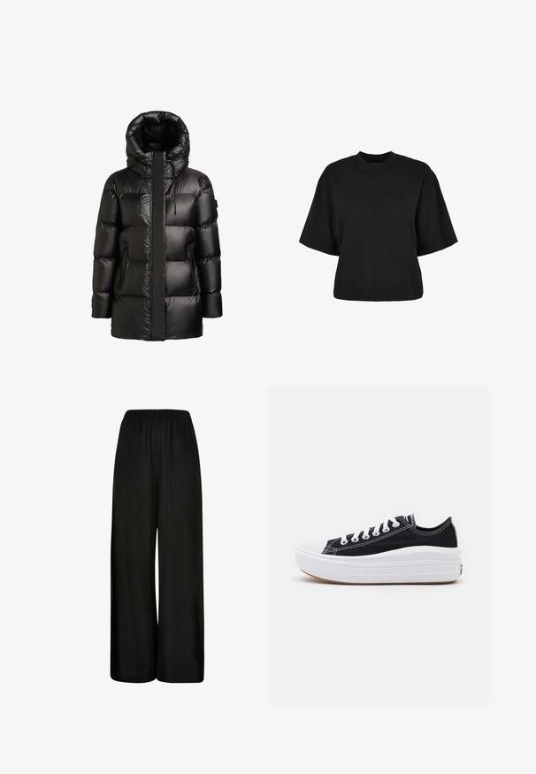 Must tuuletõkketega puffer-jakk kõrge krae ja kapuutsiga. Omadusteks läikiv viimistlus, õmmeldud paneelid ja kaks lukuga küljetaskut.; Must terav t-särk, mis on valmistatud puuvillast. Omab lühikesi varrukaid ja ümmargust kaelust. Sile tekstuur ja lihtne disain, ilma täiendavate mustriteta.; Mustad lai jalad püksid, mis on valmistatud siledast kangast. Omavad elastset vöökohta ja vaba, voolavat lõiget mugavuse ja liikumisvabaduse tagamiseks.; Mustad mustad kingad valgete paeltega, valge kummist varbakattega ja paksu valge vaheosaga. Omab diskreetset valget õmblust ja kummi talla.