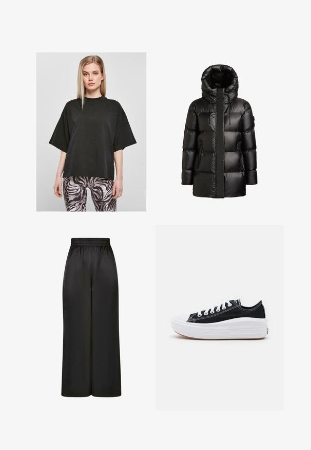 Musta toppatakki, jossa korkea kaulus ja huppu. Siinä on kiiltävä pinta, ommellut paneelit ja kaksi vetoketjullista sivutaskua.; Musta ylisuuria t-paita, jossa on korkea kaula-aukko ja lyhyet hihat, valmistettu pehmeästä kankaasta; yhdistettynä mustavalkoisiin raidallisiin gepardikuosiset leggingsit.; Mustat, leveät housut, jotka on valmistettu sileästä, kiiltävästä kankaasta, jossa on joustava vyötärö ja ei näkyviä taskuja tai metalliosia.; Mustat kangaskengät valkoisilla nauhoilla, valkoisella kumitupsulla ja paksulla valkoisella välipohjalla. Ominaisuuksiin kuuluu hienovarainen valkoinen ommel ja kumipohja.