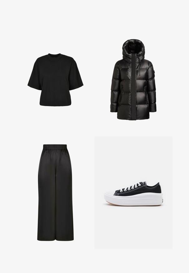 Geacă matlasată neagră cu guler înalt și glugă. Prezintă un finisaj lucios, aspect cu panouri cusute și două buzunare laterale cu fermoar.; Tricou scurt, negru, din bumbac. Are mâneci scurte și un decolteu rotund. Textură netedă cu un design simplu, fără modele adiționale.; Pantaloni negri cu picioare largi, fabricați dintr-un material neted și lucios, cu un elastic la talie și fără buzunare vizibile sau detalii metalice.; Adidași negri din pânză cu șireturi albe, vârf alb din cauciuc și o talpă medie groasă albă. Prezintă cusături subtile albe și o talpă din cauciuc.