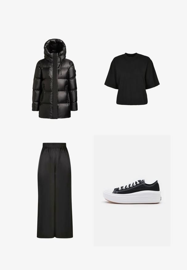 Black puffer coat with a high collar and hood. Features a glossy finish, stitched paneling, and two zippered side pockets.; Black cropped t-shirt made of cotton. Features short sleeves and a round neckline. Smooth texture with a simple design, no additional patterns.; Black wide-leg pants made of smooth, shiny fabric with an elastic waistband and no visible pockets or hardware details.; Black canvas sneakers with white laces, white rubber toe cap, and a chunky white midsole. Features subtle white stitching and a gum sole.