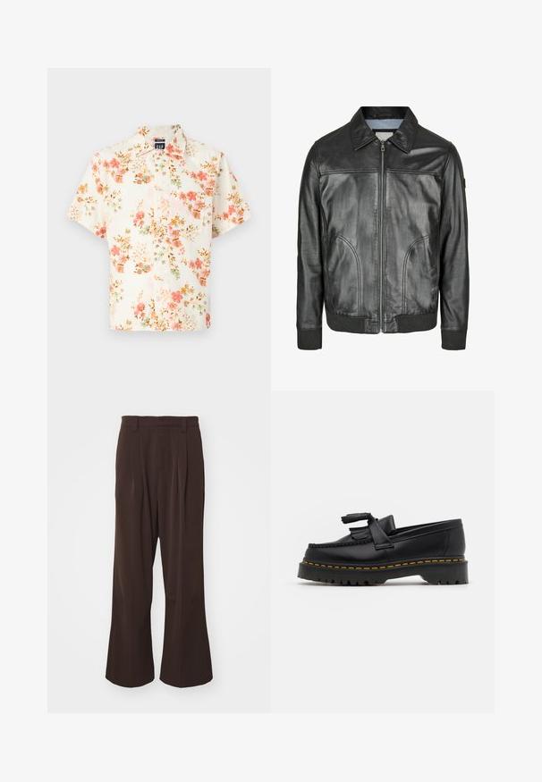 Juodas odinis švarkas su užtrauktuku priekyje, smailiu apykakle ir raukšlėtais rankogaliais. Yra dvi šoniniai kišeniai ir lygi tekstūra.; Trumpas rankovės marškinėliai su kreminiu fonu, dekoruoti rožinėmis, žalios ir rudos spalvų gėlėmis; su mygtukų užsegimu ir standartiniu apykakle.; Trys marškiniai be rankovių baltos, pilkos ir juodos spalvų. Kiekvienas iš jų turi klasikinį dizainą, pagamintas iš lengvos medvilnės audinio su raštuotu paviršiumi.; Kavos platėjančios kelnės su aukštu liemeniu, su priekinėmis klostėmis ir diržo kilpom, pagamintos iš lygios, lengvos medžiagos.; Juodas odinis loaferis su kutais, turintis masyvų juodą pado ir geltonus siūlus palei kraštą. Textūruota danga.