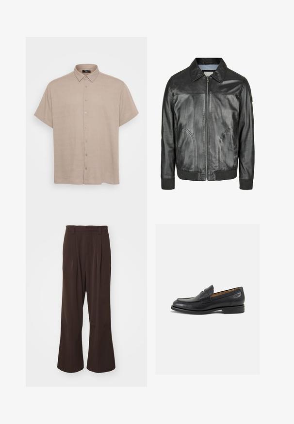 Melna ādas jaka ar rāvējslēdzēju priekšpusē, norādītu apkakli un ribotām piedurknēm. Piedāvā divas sānu kabatas un gludu tekstūru.; Īsām piedurknēm krekls vieglā bēša audumā, ar apkakli un priekšējiem pogām. Tekstūra izskatās gluda un nedaudz teksturēta.; Trīs bezmaku blūzes baltā, pelēkā un melnā krāsā. Katrai no tām ir klasiska bezmaku dizaina forma, izgatavota no viegla kokvilnas auduma ar ribotu tekstūru.; Brūnas platās kājas bikses ar augsto jostu, ar priekšējām krokām un jostu cilpām, izgatavotas no gludas, vieglas auduma.; Melnas ādas loafers ar gludu apdari, noapaļotu purngalu un dekoratīvām šuvēm uz virsu. Zems, sakrauta papēža un neliels spīdums.