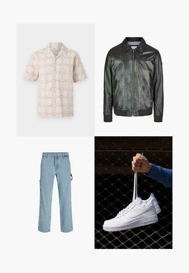 Juodas odinis švarkas su užtrauktuku priekyje, smailiu apykakle ir raukšlėtais rankogaliais. Yra dvi šoniniai kišeniai ir lygi tekstūra.; Šviesiai béžo trumpų rankovių marškiniai su gėlių geometriniu raštu kreminės spalvos. Su taškuoto tipo apykakle ir atsipalaidavusio kirpimo dizainu.; Trys marškiniai be rankovių baltos, pilkos ir juodos spalvų. Kiekvienas iš jų turi klasikinį dizainą, pagamintas iš lengvos medvilnės audinio su raštuotu paviršiumi.; Šviesiai mėlynos džinsinės cargo kelnės su laisvu siluetu, turinčios šonines prisisegimo kilpas ir priekinius kišenes, demonstruojančios išblukusį tekstūrą.; Balti odiniai sportiniai bateliai su perforacijomis, apvalia nosimi, plokščiu padu ir storomis raištelėmis, su matomu swoosh logotipu ir "AIR" ant kulno.