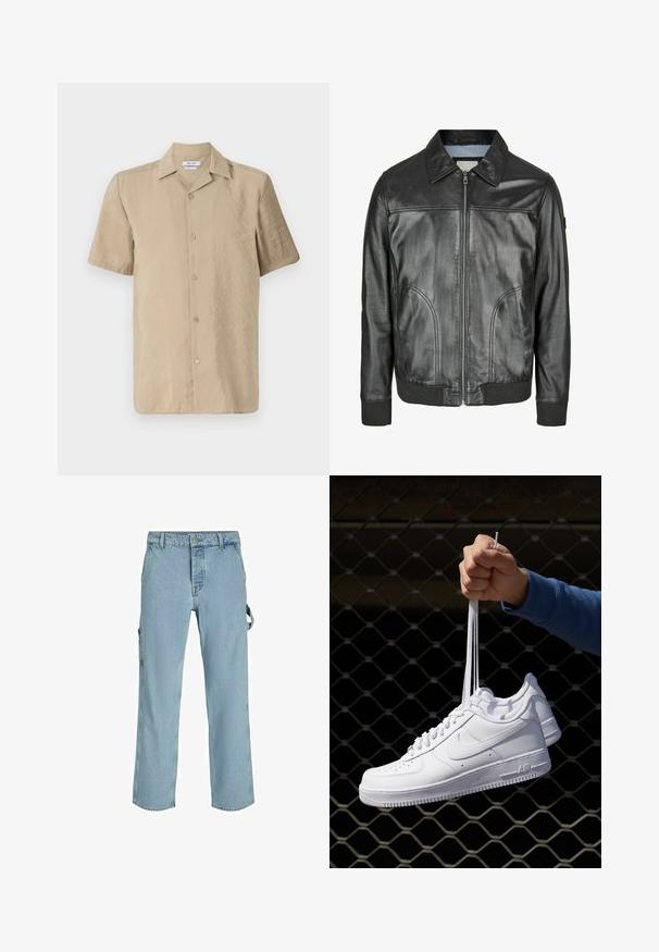 Zwarte leren jas met een ritssluiting aan de voorkant, een puntige kraag en geribde manchetten. Beschikt over twee zijzakken en een gladde textuur.; Beige kortemouwen overhemd van lichtgewicht stof met een knoopsluiting aan de voorkant, een klassieke kraag en een licht gestructureerde oppervlakte.; Drie tanktops in wit, grijs en zwart. Elke tanktop heeft een klassiek mouwloos ontwerp, gemaakt van lichtgewicht katoen met een ribbelstructuur.; Lichtblauwe denim cargo pants met een ontspannen pasvorm, voorzien van zijbevestigingslussen en voorzakken, met een vervaagde textuur.; Witte leren sneakers met perforaties, ronde neus, vlakke zool en dikke veters, met een zichtbare swoosh-logo en "AIR" op de hiel.