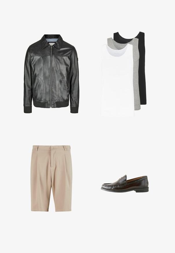 Zwarte leren jas met een ritssluiting aan de voorkant, een puntige kraag en geribde manchetten. Beschikt over twee zijzakken en een gladde textuur.; Drie tanktops in wit, grijs en zwart. Elke tanktop heeft een klassiek mouwloos ontwerp, gemaakt van lichtgewicht katoen met een ribbelstructuur.; Beige op maat gemaakte shorts met plooien, voorzien van een knoopsluiting en een klassiek design. Glad materiaal, knielange snit en geen zichtbare zakken.; Bruine leren instappers met een gladde afwerking, gestikte details, een lage hak en een ronde neus. De zool is van zwart rubber voor betere grip.