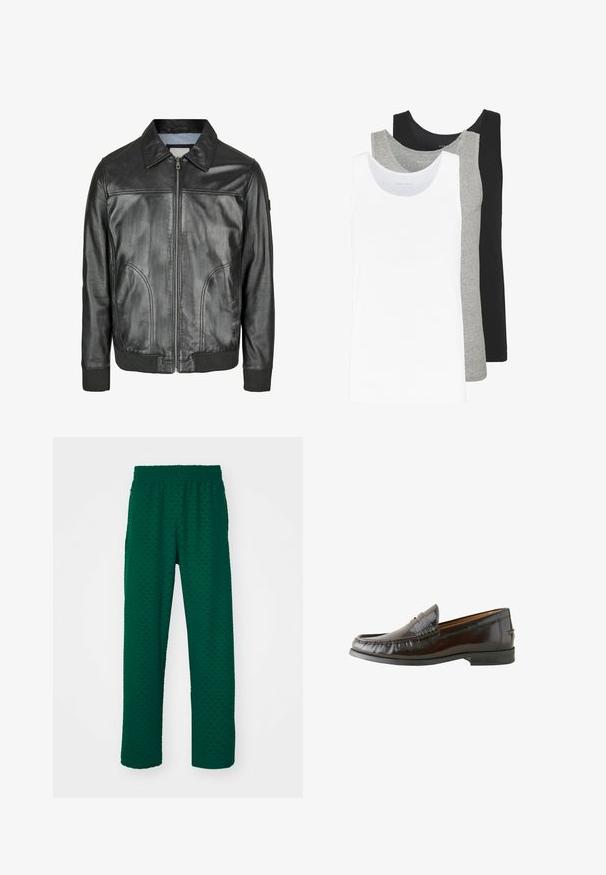 Melna ādas jaka ar rāvējslēdzēju priekšpusē, norādītu apkakli un ribotām piedurknēm. Piedāvā divas sānu kabatas un gludu tekstūru.; Trīs bezmaku blūzes baltā, pelēkā un melnā krāsā. Katrai no tām ir klasiska bezmaku dizaina forma, izgatavota no viegla kokvilnas auduma ar ribotu tekstūru.; Zaļas teksturētas bikses ar elastīgu jostasvīru. Audumam ir smalks rakstu dizains un plašas, taisnas kājas.; Brūni ādas mokasīni ar gludu apdari, izšūtu detalizāciju, zemu papēdi un noapaļotu purngalu. Zole ir melna gumija labākai saķerei.