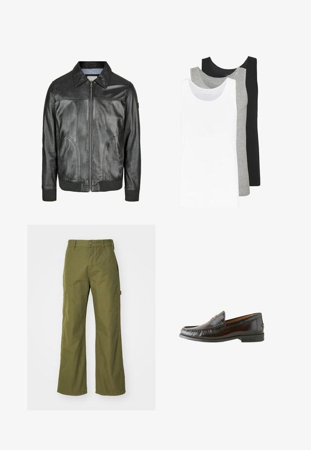 Zwarte leren jas met een ritssluiting aan de voorkant, een puntige kraag en geribde manchetten. Beschikt over twee zijzakken en een gladde textuur.; Drie tanktops in wit, grijs en zwart. Elke tanktop heeft een klassiek mouwloos ontwerp, gemaakt van lichtgewicht katoen met een ribbelstructuur.; Olijfgroene wijde broek van duurzaam materiaal, met een knoopsluiting, zijzakken en een rechte zoom.; Bruine leren instappers met een gladde afwerking, gestikte details, een lage hak en een ronde neus. De zool is van zwart rubber voor betere grip.