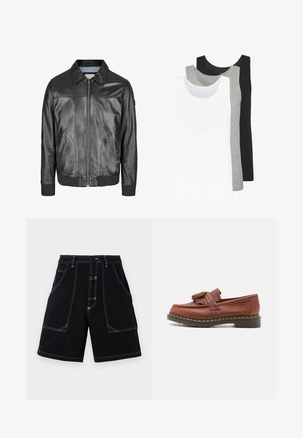 Juodas odinis švarkas su užtrauktuku priekyje, smailiu apykakle ir raukšlėtais rankogaliais. Yra dvi šoniniai kišeniai ir lygi tekstūra.; Trys marškiniai be rankovių baltos, pilkos ir juodos spalvų. Kiekvienas iš jų turi klasikinį dizainą, pagamintas iš lengvos medvilnės audinio su raštuotu paviršiumi.; Juodi cargo šortai su baltais kontrastingais siūlais, daugybe kišenių ir tiesiu kirpimu. Pagaminti iš tvirto audinio, lygaus paviršiaus.; Rudos odinės mokasinai su pakabukų akcentais, tekstūruota paviršius ir kontrastuojančios geltonos siūlės palei juodą gumos pada.